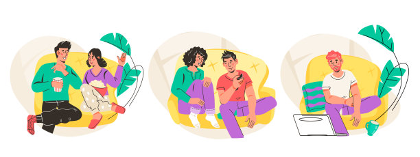 一群人一起看电视，在家里平矢量插图集孤立。图片下载