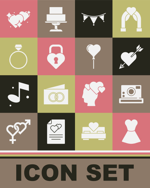 Set Woman dress, Photo camera，爱与心和箭，嘉年华花环旗帜，城堡形状，钻石订婚戒指，两颗相连的心和气球形状的图标。向量图片下载