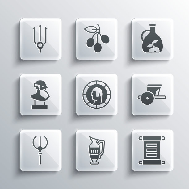 集古代双耳，法令，羊皮纸，卷轴，战车，希腊硬币，海王星三叉戟，半身像雕塑，瓶子橄榄油的图标。向量图片下载