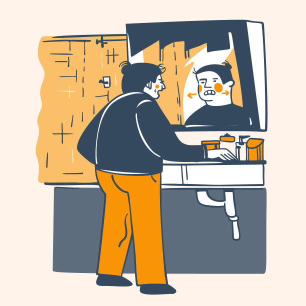 一个女人在浴室的镜子前做面部运动。图片下载