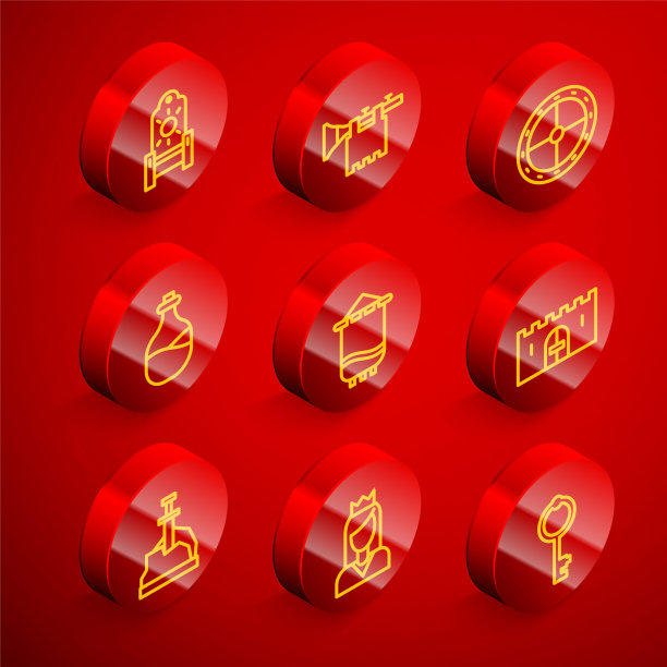 设置中世纪王座，喇叭与旗帜，圆形木制盾牌，旧酒瓶，城堡大门，剑石和公主图标。向量图片下载