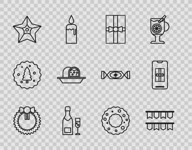 设置线圣诞花环，嘉年华花环与旗帜，礼品盒，香槟酒瓶，香槟玻璃，星星，杏仁蛋白海绵蛋糕，和智能手机礼物图标。向量图片下载