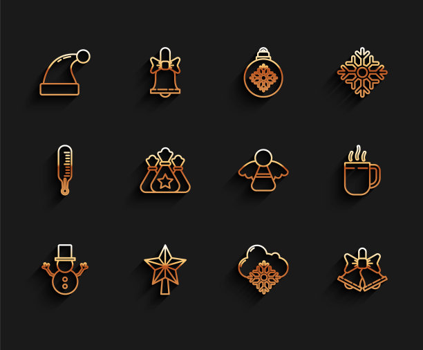 圣诞节雪人、星星、圣诞老人帽子、云朵、欢乐的响铃、礼品袋、咖啡杯和天使图标矢量素材图片下载