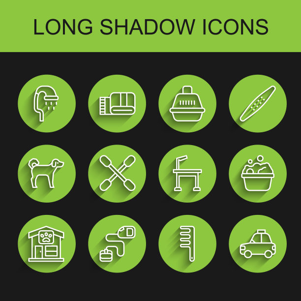 设置线宠物美容，可伸缩的绳带，淋浴，狗和猫的毛刷，出租车，棉签耳朵，宠物洗澡和图标。向量图片下载