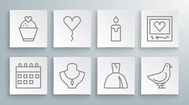 集线日历，心形气球，项链人体模型，女人连衣裙，鸽子，燃烧的蜡烛，相框心形和婚礼蛋糕图标。向量图片下载