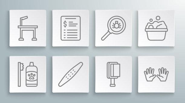 设置线牙齿卫生的宠物，美容沙龙价目表，指甲文件，毛刷狗和猫，医用橡胶手套，跳蚤搜索，宠物洗澡和美容表图标。向量图片下载