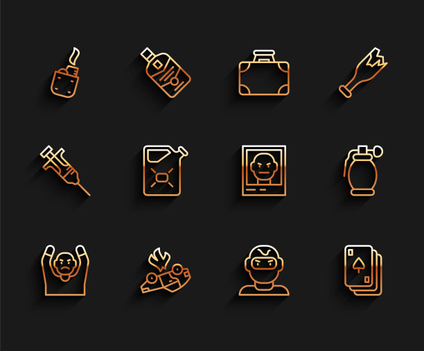 小偷举手投降，燃烧的汽车，打火机，面具，纸牌，燃料罐，手雷和通缉海报图标。向量图片下载