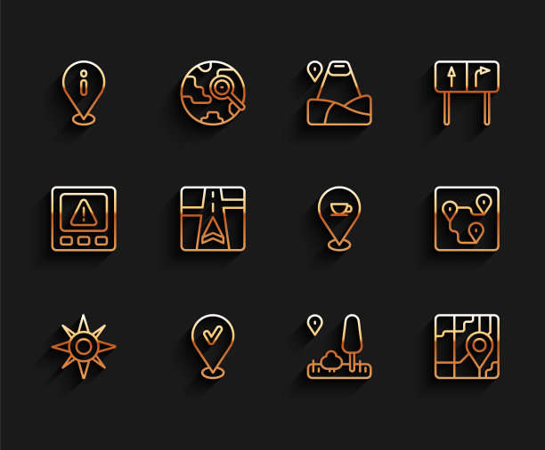 设置线风玫瑰，位置与检查标记，信息，城市地图导航，Gps设备，路线定位和咖啡杯图标。向量图片下载