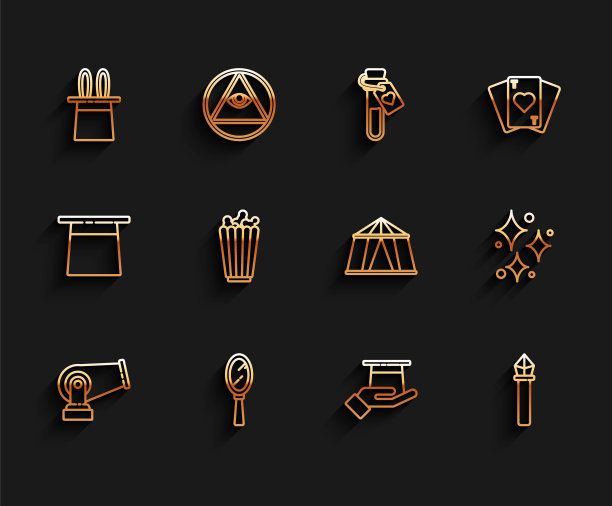 设置线大炮，魔术手镜，魔术师帽子兔子耳朵，在，工作人员，爆米花盒，闪烁的星星与魔法闪光和马戏团帐篷图标。向量图片下载