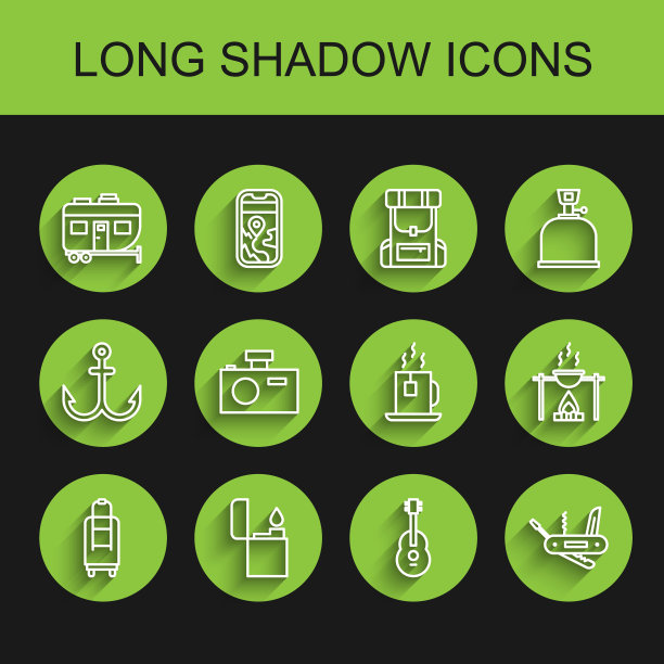 集手提箱，打火机，房车露营拖车，吉他，瑞士军刀，相机，营火和壶和茶的茶包图标。向量图片下载