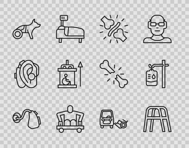 设置助听器、助行器、关节痛、膝盖痛、无腿人坐轮椅、狗、残疾人电梯、残疾人车和IV包图标。向量图片下载