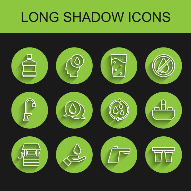 设有水桶，洗手皂，大瓶净水，水龙头，过滤器，滴水，洗脸盆和回收水图标。向量图片下载