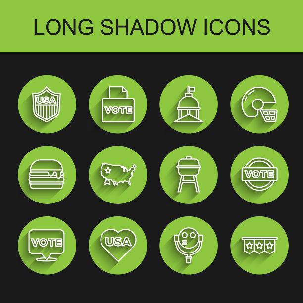 设置线投票，美国独立日，星盾，旅游望远镜，狂欢节花环旗帜，地图，和烧烤烧烤图标。向量图片下载