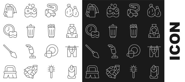 设置线卫生纸卷，烘干衣服，清洁服务，吸尘器，垃圾桶，洗碗，和满垃圾图标。向量图片下载