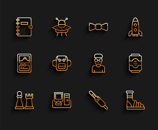 设置线象棋，显示器与键盘，螺旋笔记本，音频插孔，拖鞋袜子，学校背包，能量饮料和书呆子极客图标。向量图片下载