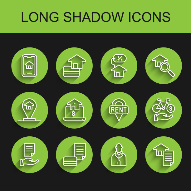 设置行房屋合同，信用卡，在线房地产，房地产经纪人，自行车租赁移动应用程序和位置键图标。向量图片下载