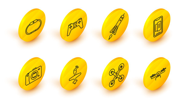 设置无人机飞行，无人机，无反光镜相机，智能手机，手机，火箭船与火，手柄和智能手表图标。向量图片下载