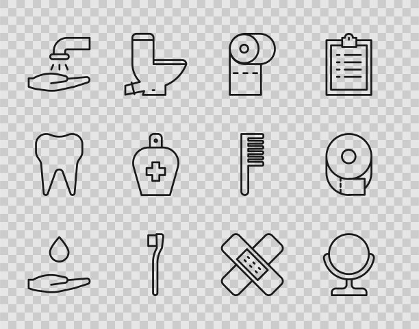 用肥皂洗手，圆形化妆镜，卫生纸卷，牙刷，抗菌液体，交叉绷带和图标。向量图片下载