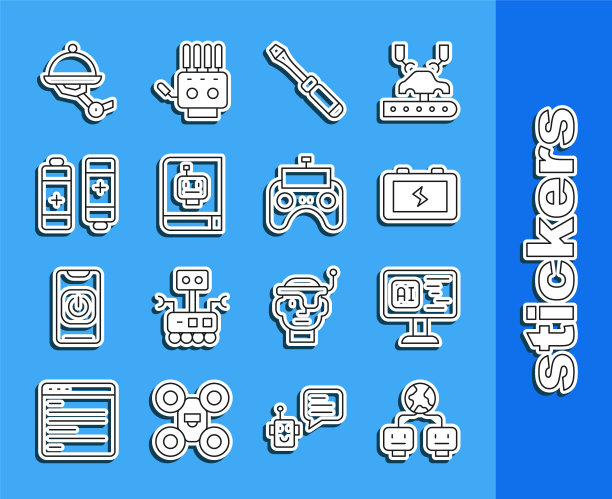 设置行人工智能，软件，电池，螺丝刀，用户手册，服务员机器人和远程控制图标。向量图片下载