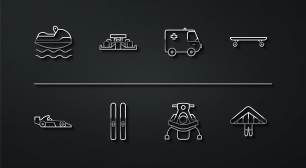 设置线摩托艇，一级方程式赛车，长板滑板，雪地摩托，滑雪和棍子，悬挂滑翔机和救护车紧急图标。向量图片下载