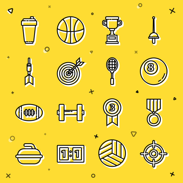 设定线目标运动，奖牌，台球桌球，奖励杯，箭头，飞镖，健身震动器和网球拍图标。向量图片下载