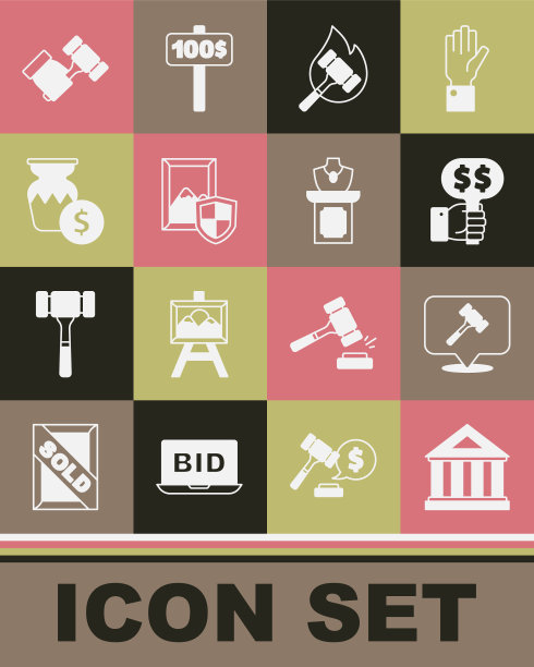 集博物馆建筑，拍卖锤，手持拍卖桨，绘画，古代花瓶，珠宝拍卖图标。向量图片下载