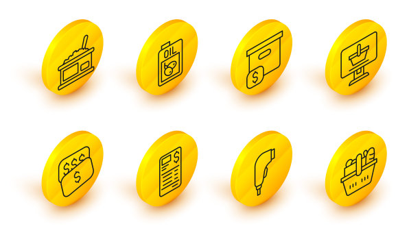 设置线购物篮和食品，纸或财务支票，新的价格标签美元，购物车在电脑上，纸箱纸箱，橄榄油和罐头鱼子酱图标。向量图片下载