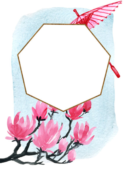 水彩框架亚洲日本元素。海报框明信片装饰。水彩，插画，亚洲，中国，艺术，中国，亚洲，传统，日本，日本，风格，文化，树，毛笔，东方，设计，自然，背景。图片下载