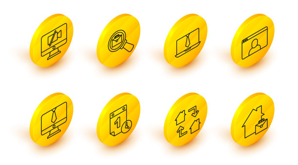 设置在线工作，时间管理，视频聊天会议，放大镜与公文包和相机离开电脑图标。向量图片下载