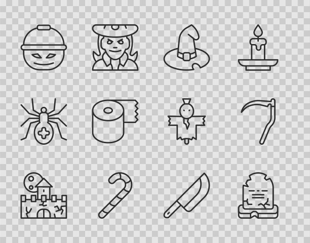 设置线城堡，要塞，墓碑与RIP写，女巫帽，圣诞糖果藤，南瓜篮糖果，卫生纸卷，刀和镰刀的图标。向量图片下载