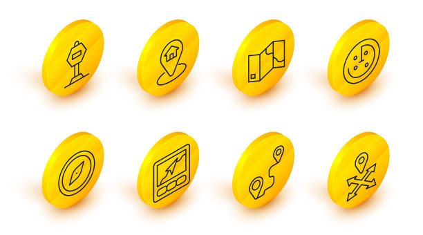 设置线路位置，路线位置，Gps设备与地图，指南针，雷达目标监视器，折叠，房子和停止标志图标。向量图片下载