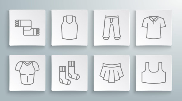 设置线t恤，汗衫，袜子，裙子，裤子，衬衫和冬季围巾图标。向量图片下载