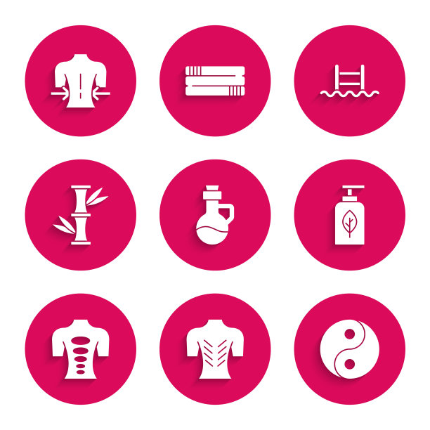 设置精油瓶，按摩，阴阳，石疗，竹制，带梯子和图标的游泳池。向量图片下载