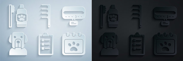 设置美容沙龙价目表，项圈与姓名标签，狗，日历美容，毛刷狗和猫和牙齿卫生宠物图标。向量图片下载