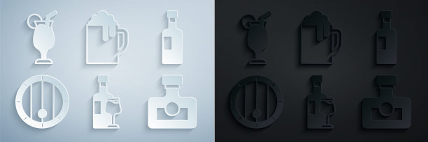 设置酒瓶与玻璃，木桶，酒精饮料朗姆酒，啤酒杯和鸡尾酒图标。向量图片下载