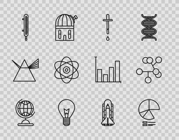 设置线地球地球仪，饼图信息图表，移液管，灯泡概念的想法，气象温度计测量，原子，航天飞机和火箭和分子图标。向量图片下载