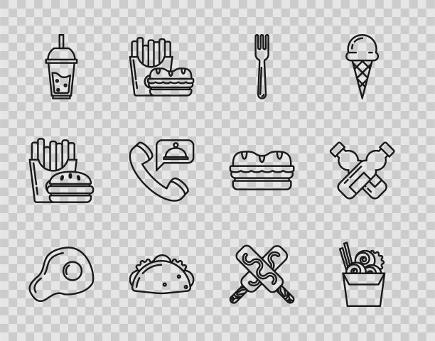 套线炒鸡蛋，纸盒亚洲面条和筷子，叉子，墨西哥玉米卷，一杯柠檬水喝吸管，点餐，冰淇淋和交叉的瓶装水图标。向量图片下载