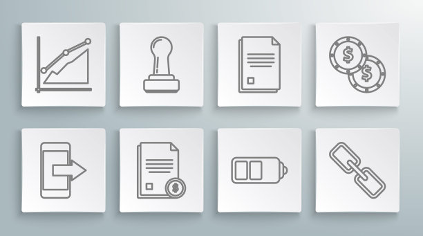 设置线智能手机，手机，印章，财务文件，电池充电水平指示器，链，文件，硬币美元符号和饼图信息图形图标。向量图片下载