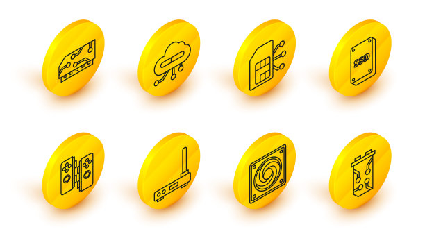 可设置线显卡、电脑冷却器、路由器和wi-fi信号、手柄、SSD、Sim卡、物联网和RAM、随机存取内存图标。向量图片下载