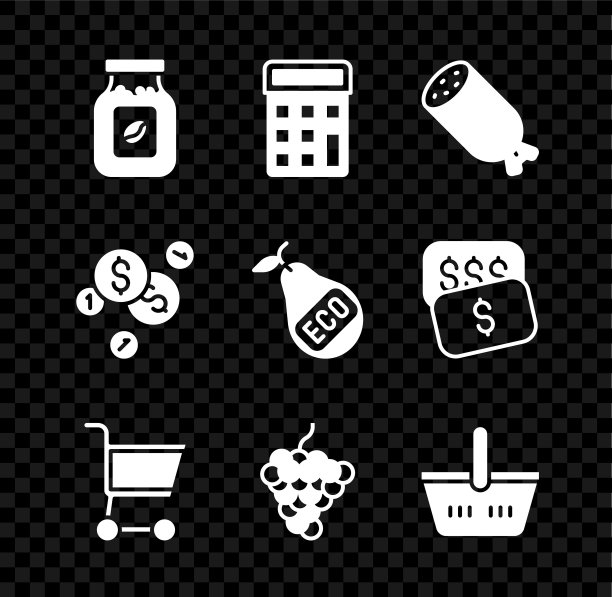 设置咖啡瓶，计算器，香肠，购物车，葡萄水果，篮子，硬币与美元和健康的有机梨图标。向量图片下载