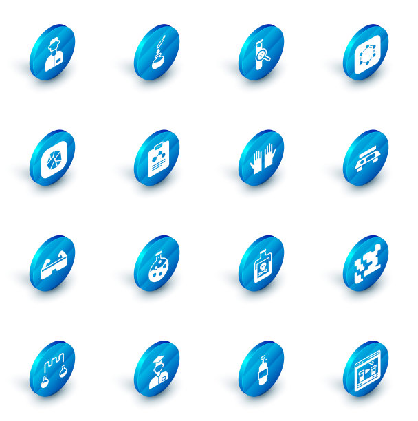 设置试管和烧瓶、苯环配方、盐石、安全护目镜、化学报告、电子秤和医用橡胶手套图标。向量图片下载