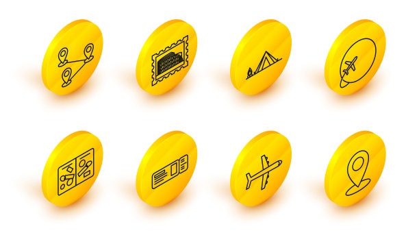 设置线路地图别针，飞机，旅行票，护照页与签证邮票，全球飞行飞机，旅游帐篷木柴火，邮政和体育馆和路线位置图标。向量图片下载