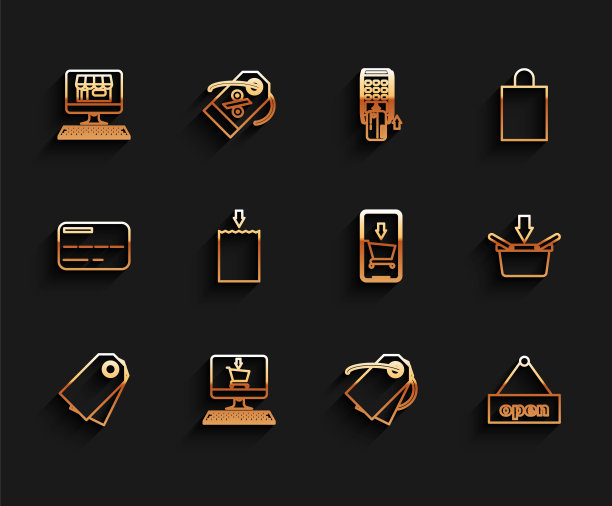设置行空白标签模板价格标签，电脑屏幕上的购物车，建筑，挂标志与文字开门，纸购物袋，篮子和手机和图标。向量图片下载