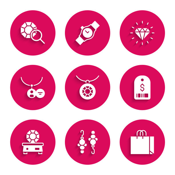 设置吊坠项链，耳环，购物袋珠宝，价格标签与美元，宝石，吊坠，钻石和图标。向量图片下载