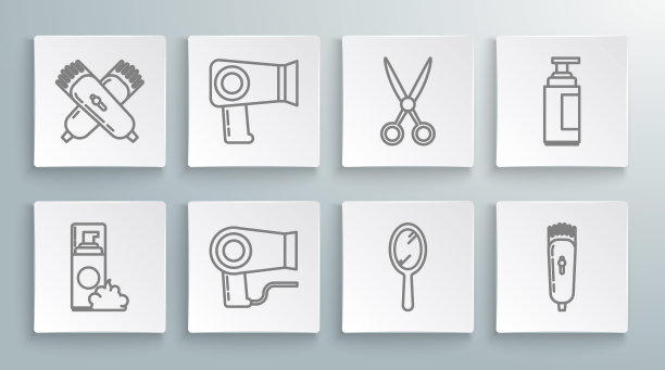 设置线剃须凝胶泡沫，吹风机，手镜，电动理发器，剃须刀，剪刀美发师，霜乳液化妆品管和交叉电子图标。向量图片下载
