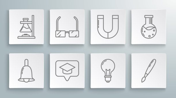 设置线路铃，眼镜，毕业帽，演讲泡泡，概念灯泡，画笔，磁铁，试管和烧瓶化学实验室和测试火图标。向量图片下载