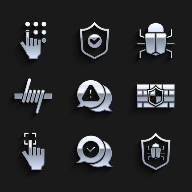 设置三角形惊叹号、语音气泡检查、系统bug、砖墙屏蔽、指纹、铁丝网、密码保护图标。向量图片下载