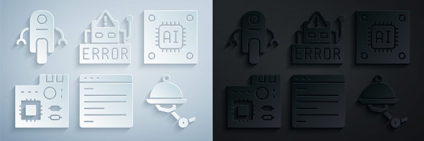 设置计算机api接口，处理器与微电路CPU，主板数字芯片，服务员机器人，错误和机器人图标。向量图片下载