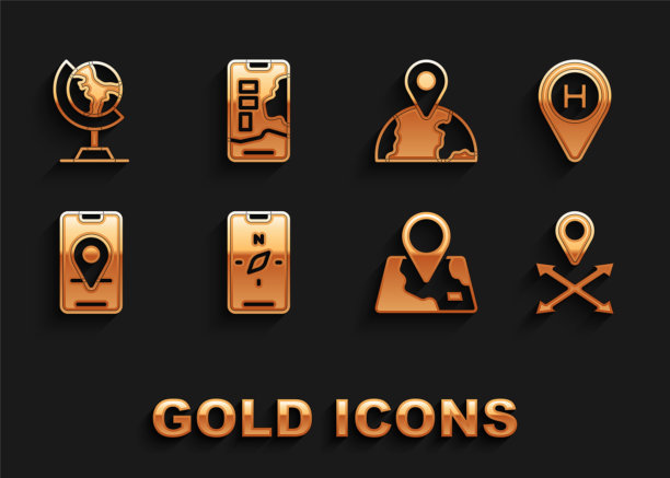 设置移动罗盘，直升机停机坪，位置，折叠地图与位置标记，城市导航，地球仪，地球和图标。向量图片下载