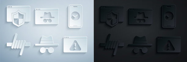 设置隐身模式，智能手机，铁丝网，带有感叹号的浏览器，隐身窗口和屏蔽图标。向量图片下载